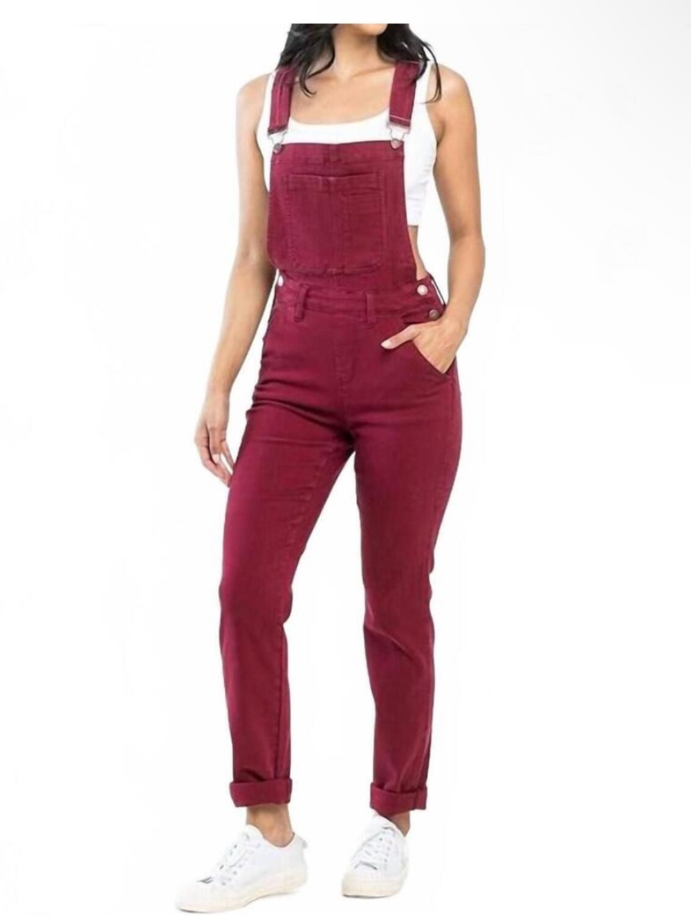 Judy Blue High Waist Garment Dyed Boyfriend Double Cuff Overalls Maroon 3X NEW